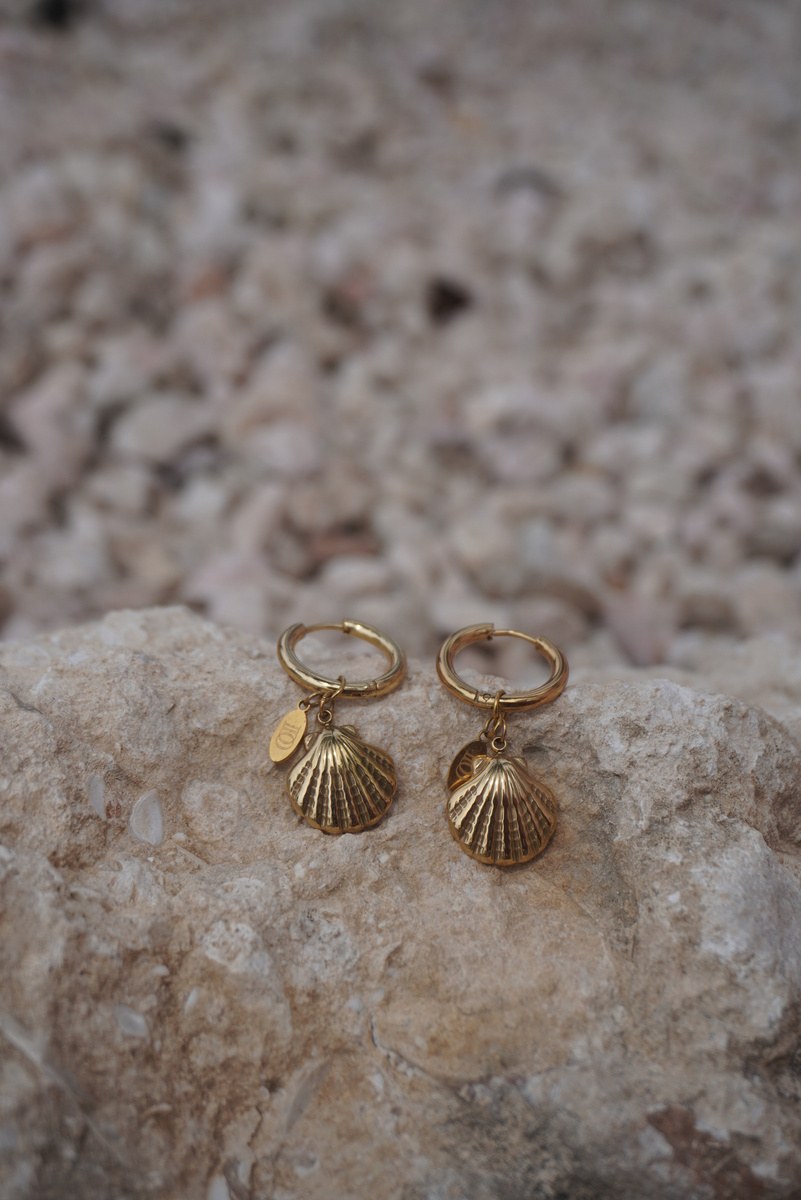 Nia Earrings, Hoops with shells, Stainless steel