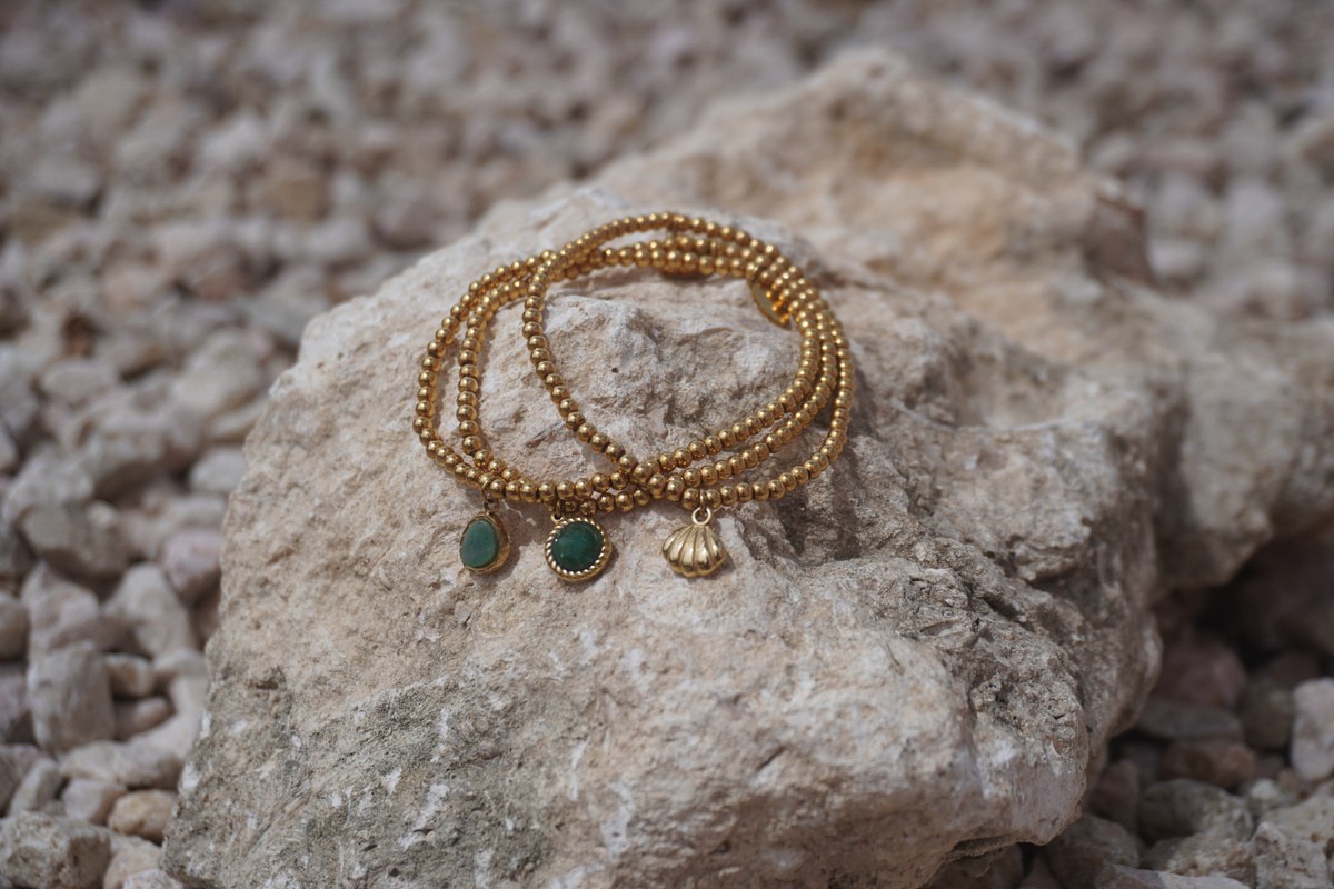Oceana Bracelet (set of 3), Set of three bead bracelets, Stainless steel · green stone